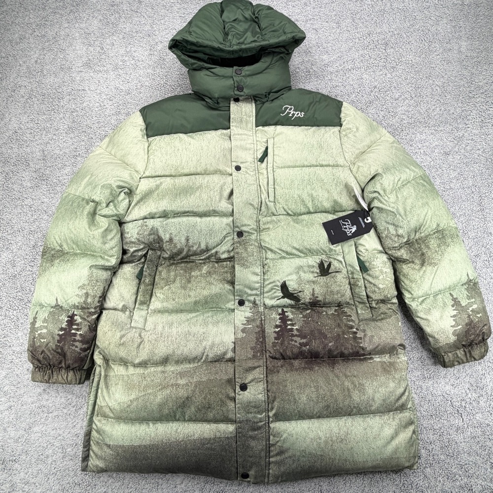 PRPS Jacket Mens Extra Large Full Length Parka Down Goose Feathers Scenic Forest